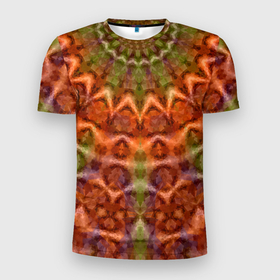 Мужская футболка 3D спортивная с принтом Оранжево-оливковый калейдоскоп в Белгороде, 100% полиэстер с улучшенными характеристиками | приталенный силуэт, круглая горловина, широкие плечи, сужается к линии бедра | калейдоскоп | коричневый | круглый орнамент | модный | мозаика | мозаичный узор | оливковый | оранжевый | орнамент | этнический