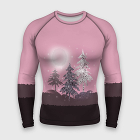 Мужской рашгард 3D с принтом Розовое сияние ,  |  | Тематика изображения на принте: елка | ель | зима | коричневый и розовый | лес | луна | мозаика | мозаичный узор | новогодний | розовый | солнце | утро