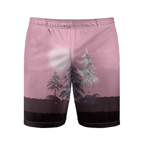 Мужские шорты спортивные с принтом Розовое сияние  ,  |  | Тематика изображения на принте: елка | ель | зима | коричневый и розовый | лес | луна | мозаика | мозаичный узор | новогодний | розовый | солнце | утро