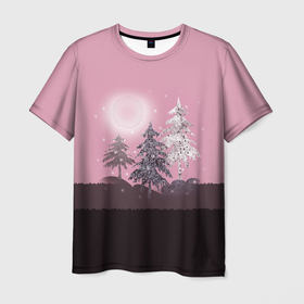 Мужская футболка 3D с принтом Розовое сияние  в Кировске, 100% полиэфир | прямой крой, круглый вырез горловины, длина до линии бедер | елка | ель | зима | коричневый и розовый | лес | луна | мозаика | мозаичный узор | новогодний | розовый | солнце | утро