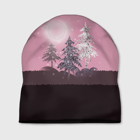 Шапка 3D с принтом Розовое сияние  в Новосибирске, 100% полиэстер | универсальный размер, печать по всей поверхности изделия | елка | ель | зима | коричневый и розовый | лес | луна | мозаика | мозаичный узор | новогодний | розовый | солнце | утро