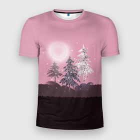 Мужская футболка 3D спортивная с принтом Розовое сияние  в Курске, 100% полиэстер с улучшенными характеристиками | приталенный силуэт, круглая горловина, широкие плечи, сужается к линии бедра | елка | ель | зима | коричневый и розовый | лес | луна | мозаика | мозаичный узор | новогодний | розовый | солнце | утро