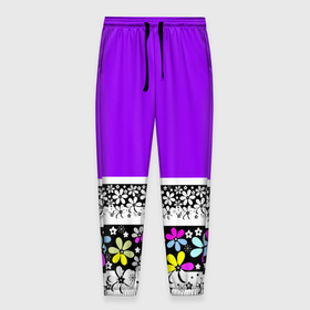 Мужские брюки 3D с принтом Яркий фиолетовый цветочный  в Новосибирске, 100% полиэстер | манжеты по низу, эластичный пояс регулируется шнурком, по бокам два кармана без застежек, внутренняя часть кармана из мелкой сетки | детский | женский | кайма | лето | разноцветные ромашки | ромашки | фиолетовый | фиолетовый и желтый | цветочный узор | цветы