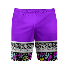 Мужские шорты спортивные с принтом Яркий фиолетовый цветочный  в Курске,  |  | детский | женский | кайма | лето | разноцветные ромашки | ромашки | фиолетовый | фиолетовый и желтый | цветочный узор | цветы