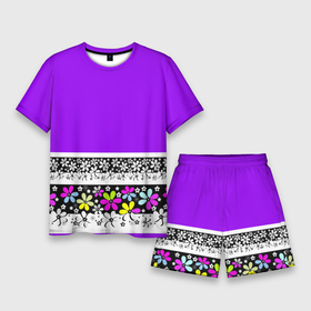 Мужской костюм с шортами 3D с принтом Яркий фиолетовый цветочный в Белгороде,  |  | детский | женский | кайма | лето | разноцветные ромашки | ромашки | фиолетовый | фиолетовый и желтый | цветочный узор | цветы