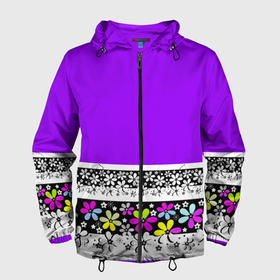 Мужская ветровка 3D с принтом Яркий фиолетовый цветочный  в Новосибирске, 100% полиэстер | подол и капюшон оформлены резинкой с фиксаторами, два кармана без застежек по бокам, один потайной карман на груди | детский | женский | кайма | лето | разноцветные ромашки | ромашки | фиолетовый | фиолетовый и желтый | цветочный узор | цветы