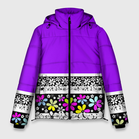 Мужская зимняя куртка 3D с принтом Яркий фиолетовый цветочный в Новосибирске, верх — 100% полиэстер; подкладка — 100% полиэстер; утеплитель — 100% полиэстер | длина ниже бедра, свободный силуэт Оверсайз. Есть воротник-стойка, отстегивающийся капюшон и ветрозащитная планка. 

Боковые карманы с листочкой на кнопках и внутренний карман на молнии. | детский | женский | кайма | лето | разноцветные ромашки | ромашки | фиолетовый | фиолетовый и желтый | цветочный узор | цветы