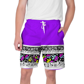 Мужские шорты 3D с принтом Яркий фиолетовый цветочный  в Белгороде,  полиэстер 100% | прямой крой, два кармана без застежек по бокам. Мягкая трикотажная резинка на поясе, внутри которой широкие завязки. Длина чуть выше колен | детский | женский | кайма | лето | разноцветные ромашки | ромашки | фиолетовый | фиолетовый и желтый | цветочный узор | цветы
