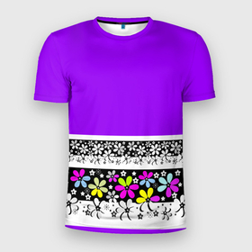 Мужская футболка 3D спортивная с принтом Яркий фиолетовый цветочный  в Белгороде, 100% полиэстер с улучшенными характеристиками | приталенный силуэт, круглая горловина, широкие плечи, сужается к линии бедра | детский | женский | кайма | лето | разноцветные ромашки | ромашки | фиолетовый | фиолетовый и желтый | цветочный узор | цветы