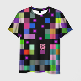 Мужская футболка 3D с принтом Arcade Pig в Тюмени, 100% полиэфир | прямой крой, круглый вырез горловины, длина до линии бедер | аркада | аркадная игра | мозайка из пикселей | разноцветные квадраты | свинка | свинья на кубе | цифровые кубики
