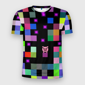 Мужская футболка 3D спортивная с принтом Arcade Pig в Курске, 100% полиэстер с улучшенными характеристиками | приталенный силуэт, круглая горловина, широкие плечи, сужается к линии бедра | аркада | аркадная игра | мозайка из пикселей | разноцветные квадраты | свинка | свинья на кубе | цифровые кубики
