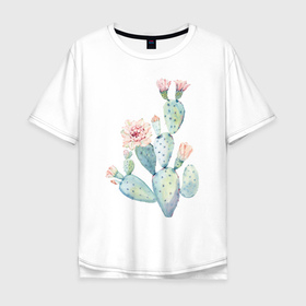 Мужская футболка хлопок Oversize с принтом Нежный акварельный кактус  в Тюмени, 100% хлопок | свободный крой, круглый ворот, “спинка” длиннее передней части | Тематика изображения на принте: акварель | кактус | колючий | нежный акварельный кактус | растение | цветок