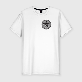 Мужская футболка хлопок Slim с принтом Пентаграмма Символ Викки , 92% хлопок, 8% лайкра | приталенный силуэт, круглый вырез ворота, длина до линии бедра, короткий рукав | магия | пентаграмма | пентакль | символ | символ викки | спираль