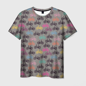 Мужская футболка 3D с принтом Цветные велосипеды паттерн в Санкт-Петербурге, 100% полиэфир | прямой крой, круглый вырез горловины, длина до линии бедер | велосипеды | велоспорт | горные велосипеды | паттерн | спортивные велосипеды | спортивный | цветной принт