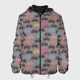 Мужская куртка 3D с принтом Цветные велосипеды паттерн в Екатеринбурге, ткань верха — 100% полиэстер, подклад — флис | прямой крой, подол и капюшон оформлены резинкой с фиксаторами, два кармана без застежек по бокам, один большой потайной карман на груди. Карман на груди застегивается на липучку | велосипеды | велоспорт | горные велосипеды | паттерн | спортивные велосипеды | спортивный | цветной принт