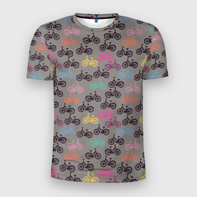 Мужская футболка 3D спортивная с принтом Цветные велосипеды паттерн в Екатеринбурге, 100% полиэстер с улучшенными характеристиками | приталенный силуэт, круглая горловина, широкие плечи, сужается к линии бедра | велосипеды | велоспорт | горные велосипеды | паттерн | спортивные велосипеды | спортивный | цветной принт