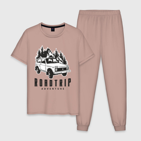 Мужская пижама хлопок с принтом Niva roadtrip в Тюмени, 100% хлопок | брюки и футболка прямого кроя, без карманов, на брюках мягкая резинка на поясе и по низу штанин
 | adventure | niva | roadtrip | бездорожье | ваз | нива | приключения