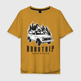 Мужская футболка хлопок Oversize с принтом Niva roadtrip в Новосибирске, 100% хлопок | свободный крой, круглый ворот, “спинка” длиннее передней части | adventure | niva | roadtrip | бездорожье | ваз | нива | приключения