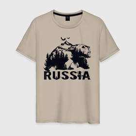 Мужская футболка хлопок с принтом Russian bear в Екатеринбурге, 100% хлопок | прямой крой, круглый вырез горловины, длина до линии бедер, слегка спущенное плечо. | bear | russia | горы | медведь | патриот | россия | русский