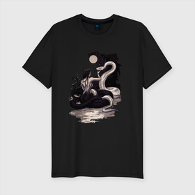 Мужская футболка хлопок Slim с принтом Нурэ-онна в Тюмени, 92% хлопок, 8% лайкра | приталенный силуэт, круглый вырез ворота, длина до линии бедра, короткий рукав | девушка | змеи | змея | ламия | мифические существа | нурэ онна | получеловек | танец змей | хвост