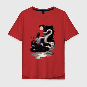 Мужская футболка хлопок Oversize с принтом Нурэ-онна в Екатеринбурге, 100% хлопок | свободный крой, круглый ворот, “спинка” длиннее передней части | Тематика изображения на принте: девушка | змеи | змея | ламия | мифические существа | нурэ онна | получеловек | танец змей | хвост