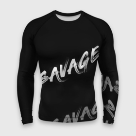 Мужской рашгард 3D с принтом Savage ,  |  | savage | белое на черном | минимализм | надпись на английском | пафосное слово
