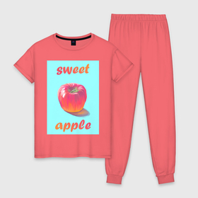 Женская пижама хлопок с принтом Sweet apple / Сладкое яблоко , 100% хлопок | брюки и футболка прямого кроя, без карманов, на брюках мягкая резинка на поясе и по низу штанин | живопись | краска | рисунок | фрукт | яблоко