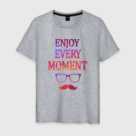 Мужская футболка хлопок с принтом Момент в Тюмени, 100% хлопок | прямой крой, круглый вырез горловины, длина до линии бедер, слегка спущенное плечо. | очки | текст | усы | цвет | шрифт