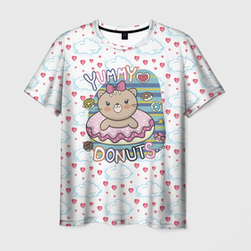 Мужская футболка 3D с принтом Мишка в пончике в Кировске, 100% полиэфир | прямой крой, круглый вырез горловины, длина до линии бедер | девочка | медведь | медвежонок | мишка | пончик | сладости