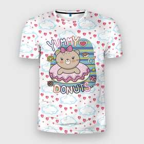 Мужская футболка 3D спортивная с принтом Мишка в пончике в Новосибирске, 100% полиэстер с улучшенными характеристиками | приталенный силуэт, круглая горловина, широкие плечи, сужается к линии бедра | Тематика изображения на принте: девочка | медведь | медвежонок | мишка | пончик | сладости