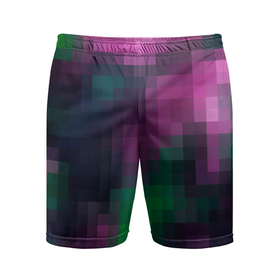 Мужские шорты спортивные с принтом Разноцветный геометрический уз в Петрозаводске,  |  | абстрактный | геометрический | зеленый | квадраты | клетка | клетчатый узор | молодежный | сиреневый | фиолетовый