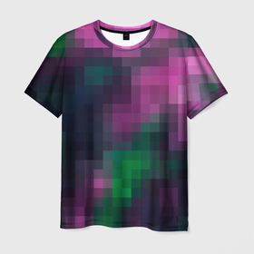 Мужская футболка 3D с принтом Разноцветный геометрический уз в Екатеринбурге, 100% полиэфир | прямой крой, круглый вырез горловины, длина до линии бедер | абстрактный | геометрический | зеленый | квадраты | клетка | клетчатый узор | молодежный | сиреневый | фиолетовый