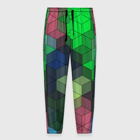 Мужские брюки 3D с принтом Разноцветный геометрический уз в Санкт-Петербурге, 100% полиэстер | манжеты по низу, эластичный пояс регулируется шнурком, по бокам два кармана без застежек, внутренняя часть кармана из мелкой сетки | абстрактный | зеленый | молодежный | разноцветный узор | ромбы | синий | текстура