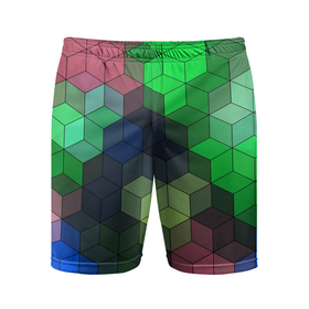 Мужские шорты спортивные с принтом Разноцветный геометрический уз в Белгороде,  |  | Тематика изображения на принте: абстрактный | зеленый | молодежный | разноцветный узор | ромбы | синий | текстура