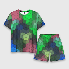 Мужской костюм с шортами 3D с принтом Разноцветный геометрический уз в Курске,  |  | абстрактный | зеленый | молодежный | разноцветный узор | ромбы | синий | текстура