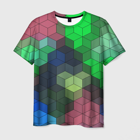 Мужская футболка 3D с принтом Разноцветный геометрический уз в Новосибирске, 100% полиэфир | прямой крой, круглый вырез горловины, длина до линии бедер | Тематика изображения на принте: абстрактный | зеленый | молодежный | разноцветный узор | ромбы | синий | текстура