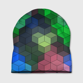 Шапка 3D с принтом Разноцветный геометрический уз в Белгороде, 100% полиэстер | универсальный размер, печать по всей поверхности изделия | абстрактный | зеленый | молодежный | разноцветный узор | ромбы | синий | текстура