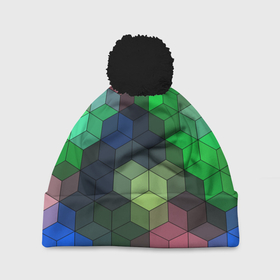 Шапка 3D c помпоном с принтом Разноцветный геометрический уз в Курске, 100% полиэстер | универсальный размер, печать по всей поверхности изделия | абстрактный | зеленый | молодежный | разноцветный узор | ромбы | синий | текстура