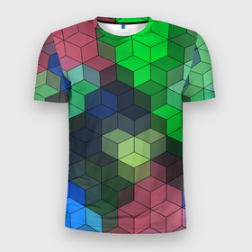 Мужская футболка 3D спортивная с принтом Разноцветный геометрический уз в Белгороде, 100% полиэстер с улучшенными характеристиками | приталенный силуэт, круглая горловина, широкие плечи, сужается к линии бедра | Тематика изображения на принте: абстрактный | зеленый | молодежный | разноцветный узор | ромбы | синий | текстура
