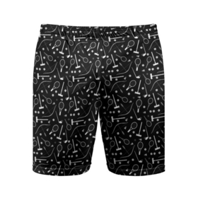 Мужские шорты спортивные с принтом Черно-белый спортивный узор  в Курске,  |  | клюшка | лук | молодежный | монохромный | мяч | поло | ракетка | спортивный инвентарь | стрелы