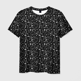 Мужская футболка 3D с принтом Черно-белый спортивный узор  в Санкт-Петербурге, 100% полиэфир | прямой крой, круглый вырез горловины, длина до линии бедер | клюшка | лук | молодежный | монохромный | мяч | поло | ракетка | спортивный инвентарь | стрелы