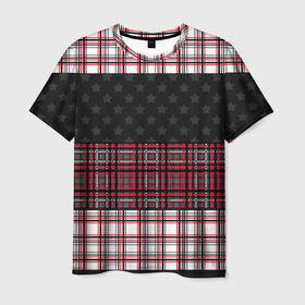 Мужская футболка 3D с принтом Комбинированный красно-серый  в Кировске, 100% полиэфир | прямой крой, круглый вырез горловины, длина до линии бедер | клетка | комбинированный | красный и черный | креативный | плед | полосы | узор в клетку | шотландка