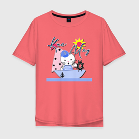 Мужская футболка хлопок Oversize с принтом Котик-морячок  , 100% хлопок | свободный крой, круглый ворот, “спинка” длиннее передней части | для мальчика | иллюстрация | кораблик | кот | котик | малышам | море | морское путешествие | моряк