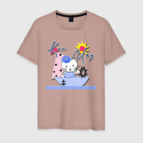 Мужская футболка хлопок с принтом Котик-морячок  , 100% хлопок | прямой крой, круглый вырез горловины, длина до линии бедер, слегка спущенное плечо. | для мальчика | иллюстрация | кораблик | кот | котик | малышам | море | морское путешествие | моряк