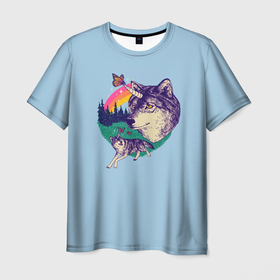 Мужская футболка 3D с принтом Волк единорог , 100% полиэфир | прямой крой, круглый вырез горловины, длина до линии бедер | unicorn | бабочка | волки | деревья | детская | единорог | лес | радуга