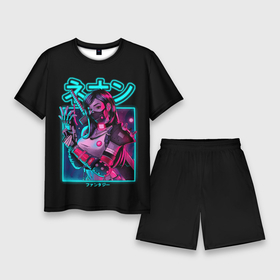 Мужской костюм с шортами 3D с принтом Neon girl ,  |  | anime | girl | hieroglyphs | katana | neon | samurai | аниме | девушка | иероглифы | катана | неон | самурай