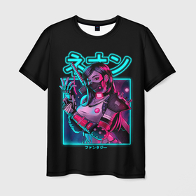 Мужская футболка 3D с принтом Neon girl в Санкт-Петербурге, 100% полиэфир | прямой крой, круглый вырез горловины, длина до линии бедер | anime | girl | hieroglyphs | katana | neon | samurai | аниме | девушка | иероглифы | катана | неон | самурай