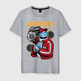 Мужская футболка хлопок с принтом Робот с магнитофоном в Белгороде, 100% хлопок | прямой крой, круглый вырез горловины, длина до линии бедер, слегка спущенное плечо. | hip hоp | бейсболка | куртка | магнитофон | робота | уличный стиль