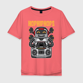 Мужская футболка хлопок Oversize с принтом Улыбающийся робот в Курске, 100% хлопок | свободный крой, круглый ворот, “спинка” длиннее передней части | Тематика изображения на принте: hip hоp | динамики | магнитофон | молния | робот | уличный стиль