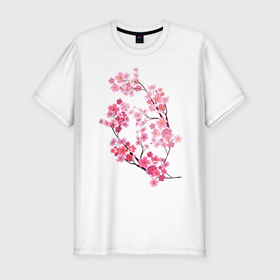 Мужская футболка хлопок Slim с принтом Цветение вишни в Екатеринбурге, 92% хлопок, 8% лайкра | приталенный силуэт, круглый вырез ворота, длина до линии бедра, короткий рукав | Тематика изображения на принте: ветки | веточка | вишня | сакура | цветение вишни | цветы